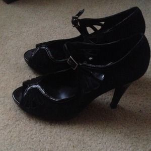 Peep toe suede heels