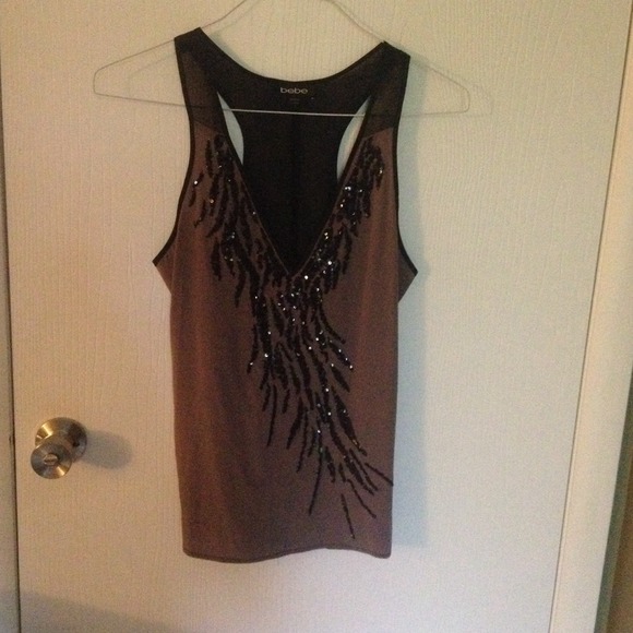 Brown chiffon tank with black sequin design