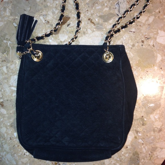 Black Quilted Suede Shoulder Bag - Picture 2 of 4