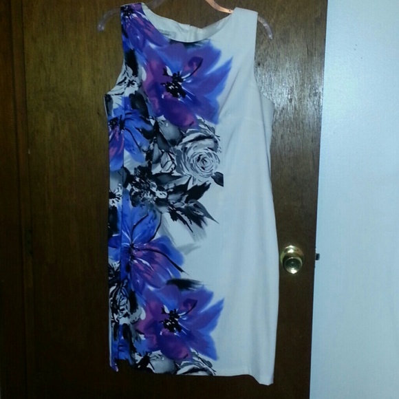 White, purple, gray, black and blue floral dress
