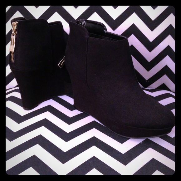New! Black Suede Wedge Booties- Back Gold Zip