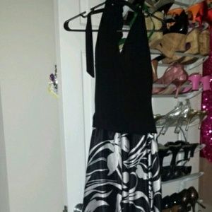 Black and white halter dress with asymmetrical ski