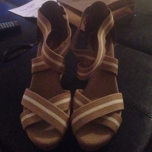 Tan and white wedge sandal