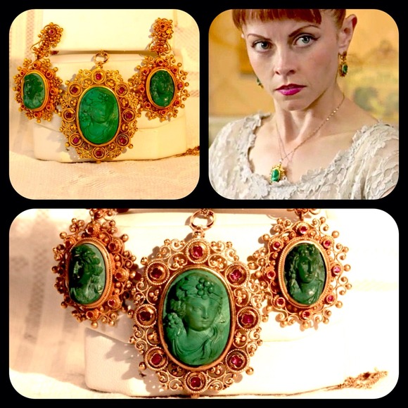 Antique Malachite & Ruby 14K Filigree Demi-Parure - Picture 2 of 3