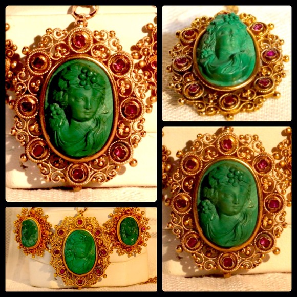 Antique Malachite & Ruby 14K Filigree Demi-Parure - Picture 3 of 3