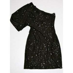 Black sequin tight dress with one sleeve.