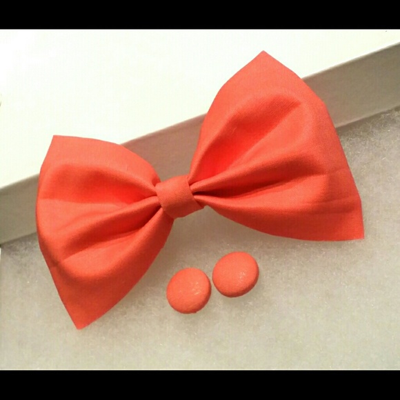 Coral Hair Bow w/ Matching Earrings - Picture 1 of 2