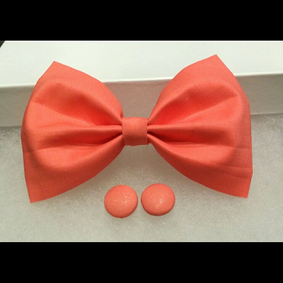 Coral Hair Bow w/ Matching Earrings - Picture 2 of 2