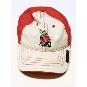 Red and cream Ball State University hat.