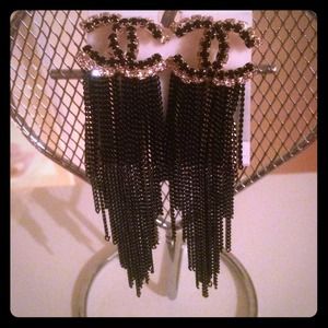 Chanel Black and white stone tassel earring