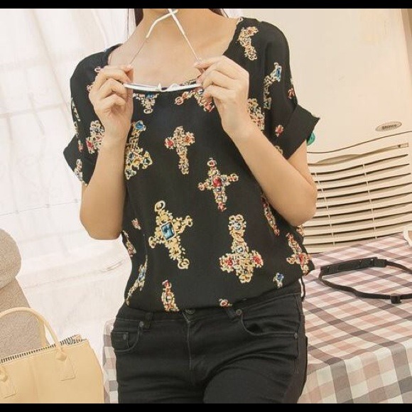 Cross prints oversized chiffon tunic top