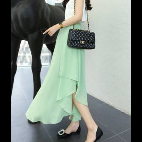 Mint chiffon asymmetrical split maxi long skirt - Picture 2 of 4