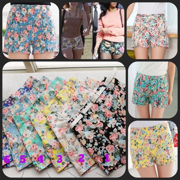 Pants - Floral little high waist asymmetrical black shorts