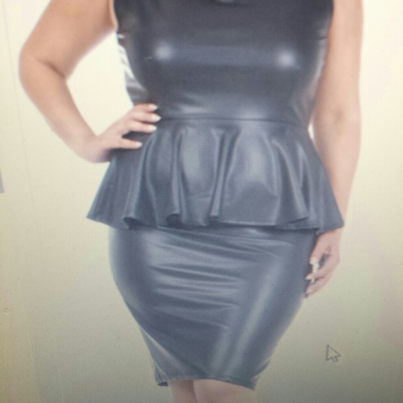 SOLD Peplum Faux Leather Dress - Picture 2 of 4