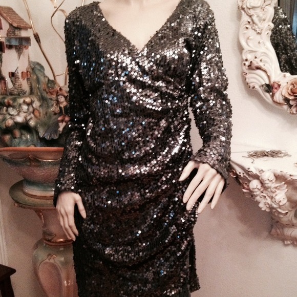 NWOT Metallic Dark Silver Sequin Dress - Picture 2 of 4