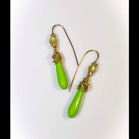Green teardrop earring 2 2/3" on 18k gold gp wire