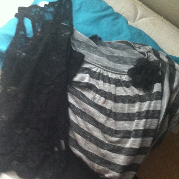 Black lace topwith flower striped shirt