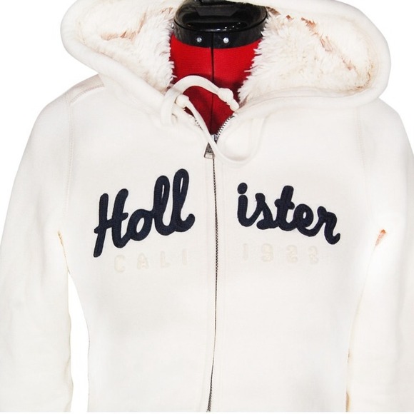HOLLISTER Cream Soft Faux Fur Lined Graphic Full Zip Hoodie - Picture 2 of 5