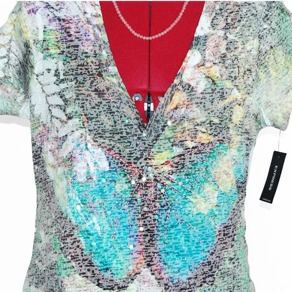 🚫BUNDLED🚫NWT Express Sequin Butterfly Tee - Picture 2 of 4