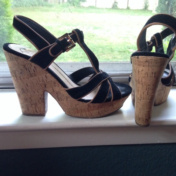 SOLD::Dolce Vita Black & Tan Cork Platform Sandals - Picture 2 of 4