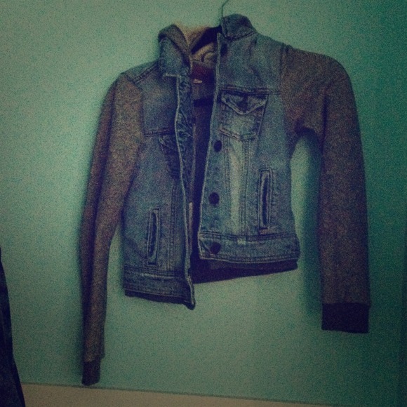 Jean jacket with gray hoodie