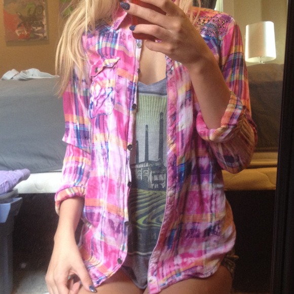 Pink tie dye flannel with studded shoulders