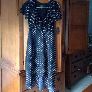 Navy hi-low layered dress with white polka-dots