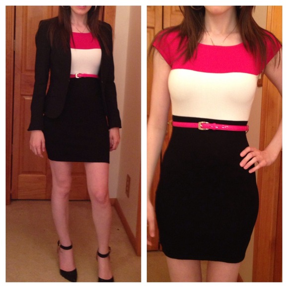 bebe Dresses & Skirts - NWOT Fitted Tricolor Bebe Dress & Skinny Belt