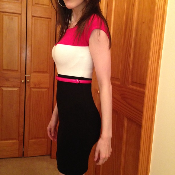 NWOT Fitted Tricolor Bebe Dress & Skinny Belt - Picture 3 of 4