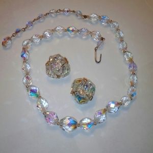 Vintage Glass Clear Bead Necklace and Earrings
