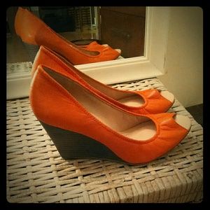 Orange Leather Peep-toe Wedges