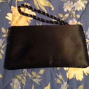 Black satin clutch with beaded wrist strap