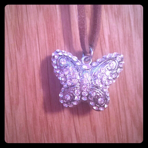 Crystal Butterfly Necklace with Brown Neck Tie