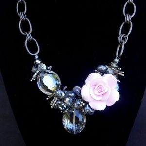 Pink rose, pearl and crystal necklace