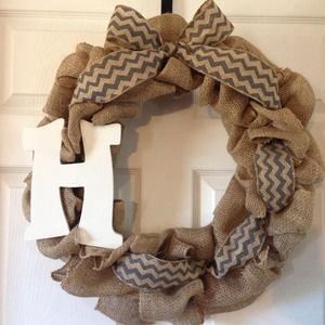 Handmade gray chevron and burlap wreath