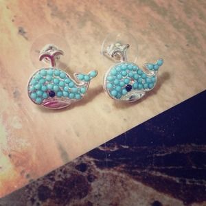 Whale earrings with turquoise accent