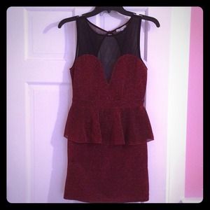 Sparkly Red Peplum Dress w/ Black Mesh Top