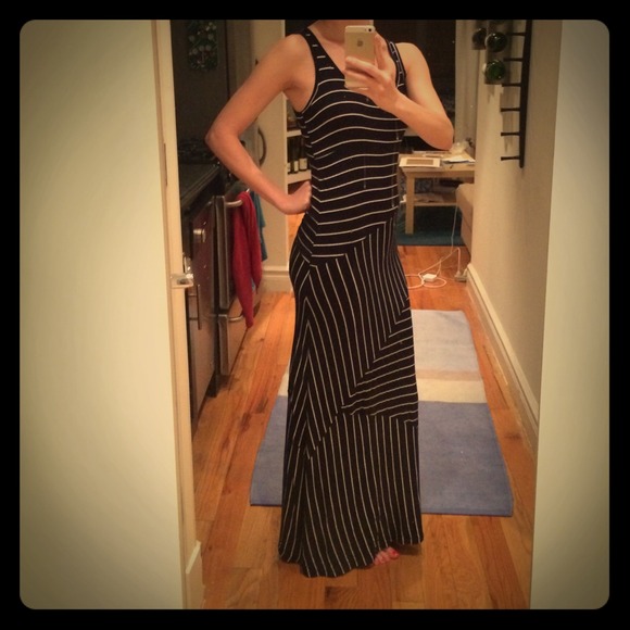 Curve hugging black and white striped maxi dress
