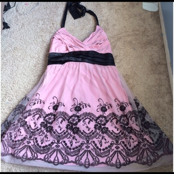 Pink Floral Beaded Halter Dress