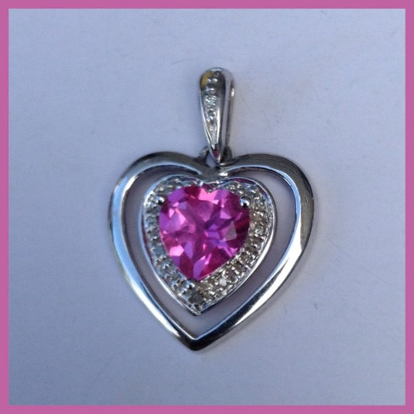 🎉HP🎉10K White Gold Pendant Pink Sapphire Heart - Picture 2 of 4