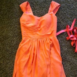 Coral, chiffon dress.