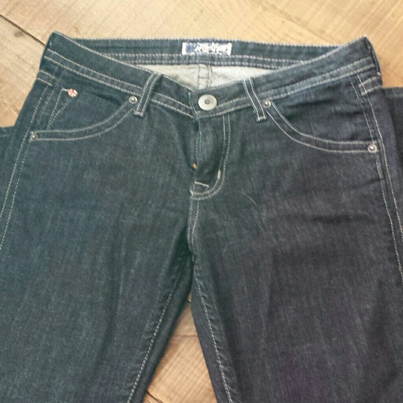 Hudsons dark blue with light stitching.