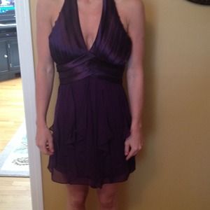 BCBGMaxazria Halter Tiered Cocktail Dress Eggplant