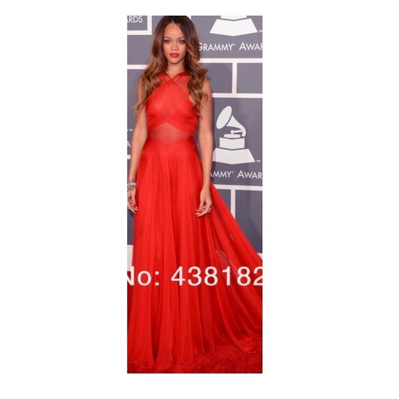 Rihanna red prom Grammy dress