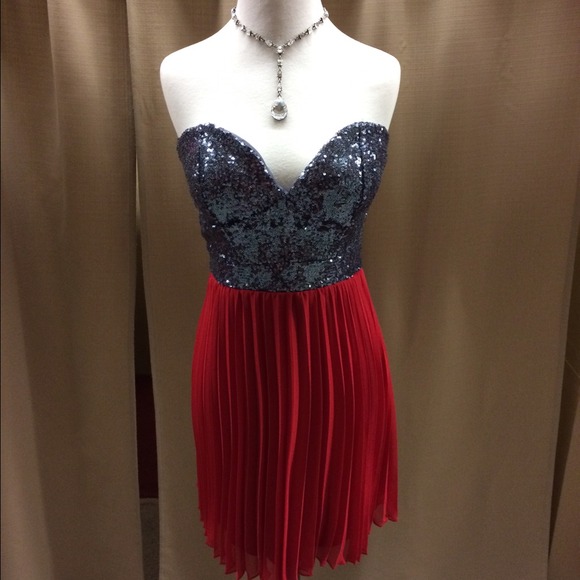 Red Pleated skirt with charcoal sequined top dress
