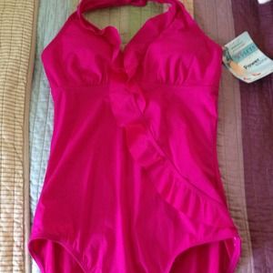 Assets by Spanx magenta one-piece swim suit.