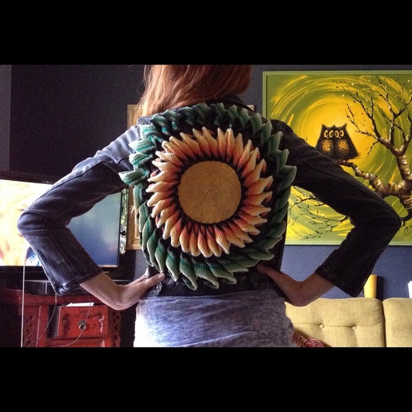 SOLD Beautiful Crochet Sunflower Denim Moto Jacket
