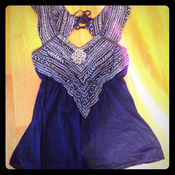 Free People blue and white beaded tribal print top