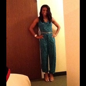 Geometric teal and black jumpsuit