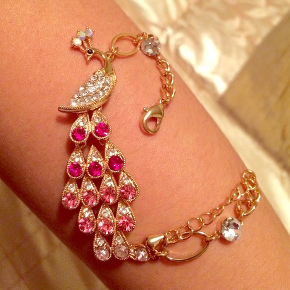 Peacock bracelet. TRI pink color & clear crystal